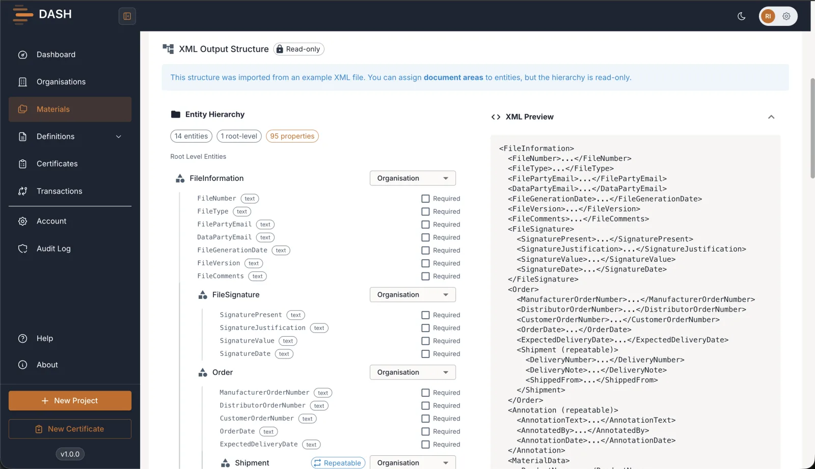 Material record in DASH